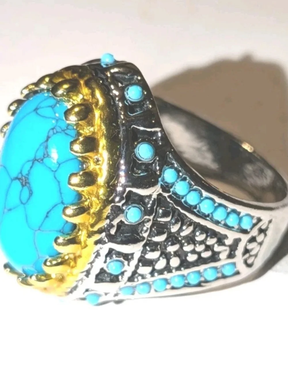 Retro Punk Style Ring Simulated Turquoise Two Tone Polished Statement Band Ring